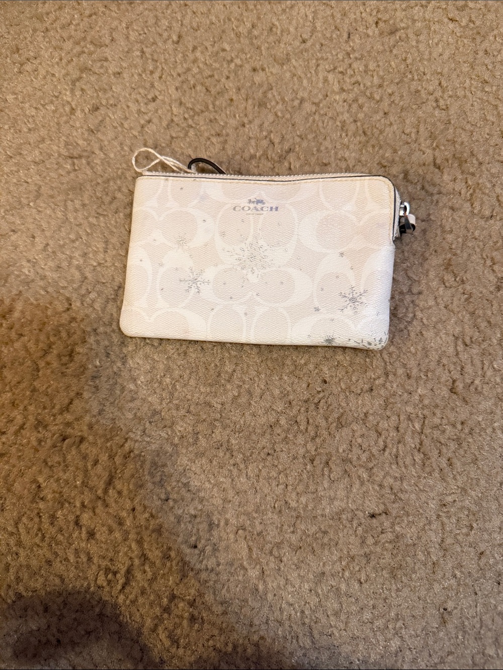 Coach White Signature Zip Wristlet with Silver Snowflake Detail
